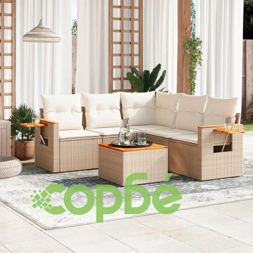 Градински диван с възглавници, 6 части, бежов полиратан ➤ топ цена ➤ sorbe.bg