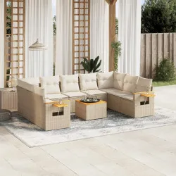Градински диван с възглавници, 10 части, бежов полиратан