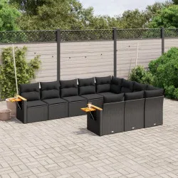 Градински комплект диван с възглавници 10 части черен полиратан