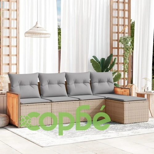 Градински комплект диван с възглавници 5 части бежов полиратан ➤ топ цена ➤ sorbe.bg