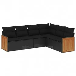 Градински диван с възглавници, 6 части, черен, полиратан