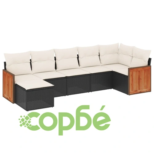 Градински комплект диван с възглавници 7 части черен полиратан ➤ топ цена ➤ sorbe.bg