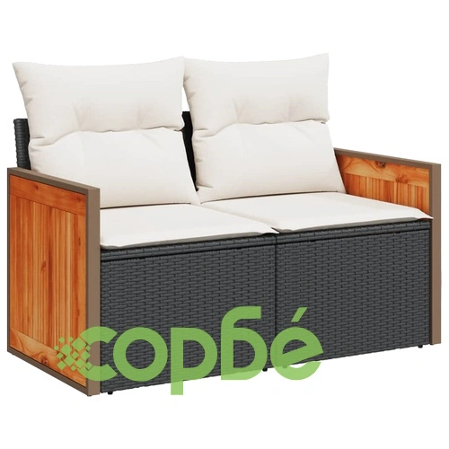 Градински комплект диван с възглавници 7 части черен полиратан ➤ топ цена ➤ sorbe.bg