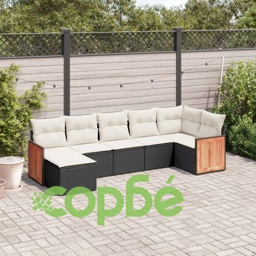 Градински комплект диван с възглавници 7 части черен полиратан ➤ топ цена ➤ sorbe.bg