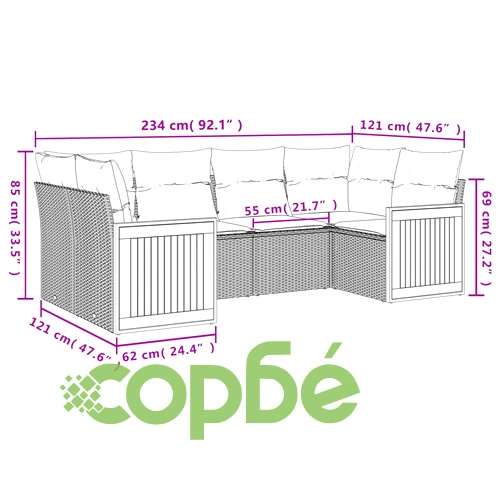 Градински диван с възглавници, 6 части, черен, полиратан ➤ топ цена ➤ sorbe.bg