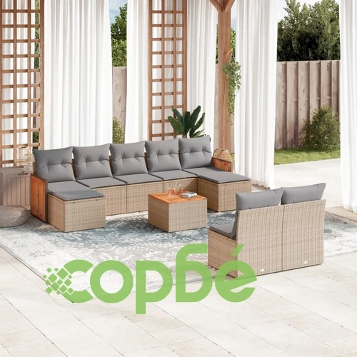 Градински диван с възглавници, 10 части, бежов полиратан ➤ топ цена ➤ sorbe.bg