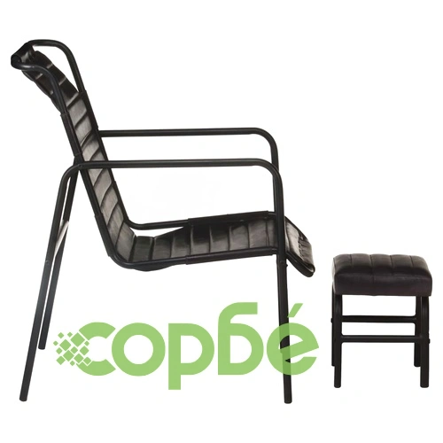 Фотьойл за релакс с поставка за крака, черен, естествена кожа ➤ топ цена ➤ sorbe.bg