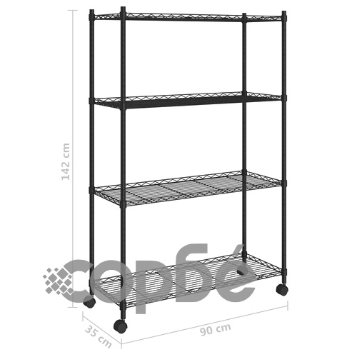 4-етажен стелаж за съхранение с колела 90x35x142 см черен 200кг ➤ топ цена ➤ sorbe.bg