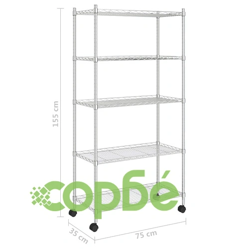 5-етажен стелаж за съхранение с колела 75x35x155 см хром 250 кг ➤ топ цена ➤ sorbe.bg