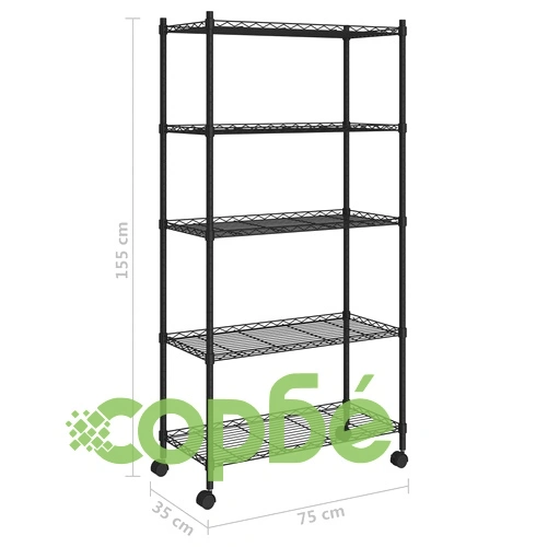 5-етажен стелаж за съхранение с колела 75x35x155 см черен 250кг ➤ топ цена ➤ sorbe.bg