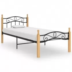 Рамка за легло, черна, метал и дъбов масив, 90x200 см