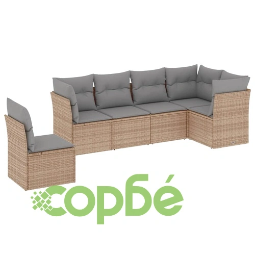 Градински диван с възглавници, 6 части, бежов полиратан ➤ топ цена ➤ sorbe.bg