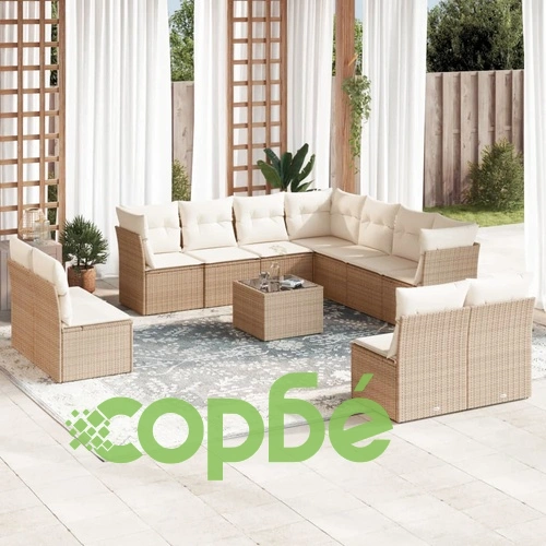 Градински диван с възглавници, 12 части, бежов полиратан ➤ топ цена ➤ sorbe.bg