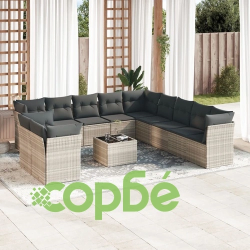 Градински комплект с възглавници, 12 части, светлосив полиратан ➤ топ цена ➤ sorbe.bg