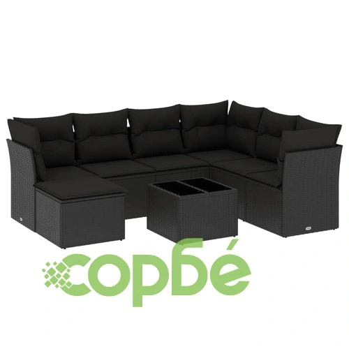 Градински комплект диван с възглавници 8 части черен полиратан ➤ топ цена ➤ sorbe.bg
