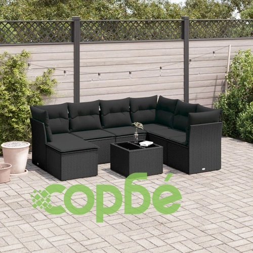 Градински комплект диван с възглавници 8 части черен полиратан ➤ топ цена ➤ sorbe.bg