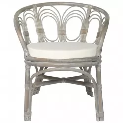 Трапезен стол с възглавница, сив, естествен ратан и лен