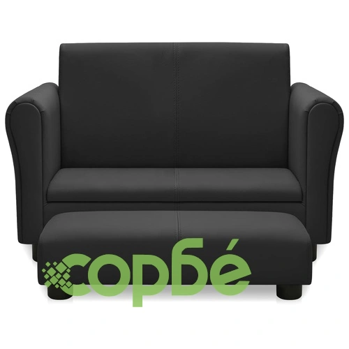 Детски диван с табуретка, черен, изкуствена кожа ➤ топ цена ➤ sorbe.bg