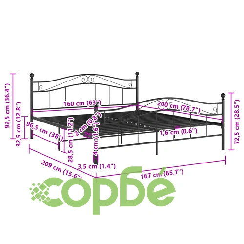 Рамка за легло, черна, метал, 160x200 см ➤ топ цена ➤ sorbe.bg