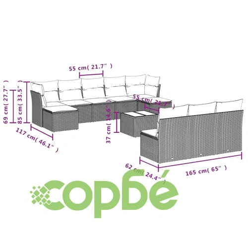 Градински диван с възглавници, 11 части, бежов полиратан ➤ топ цена ➤ sorbe.bg