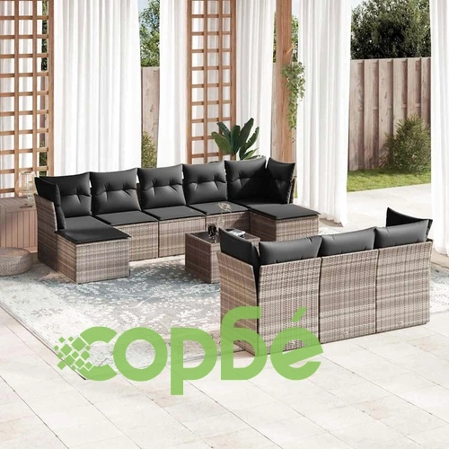 Градински комплект с възглавници, 11 части, светлосив полиратан ➤ топ цена ➤ sorbe.bg