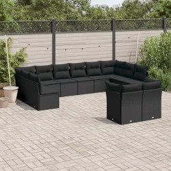 Градински диван с възглавници, 12 части, черен, полиратан