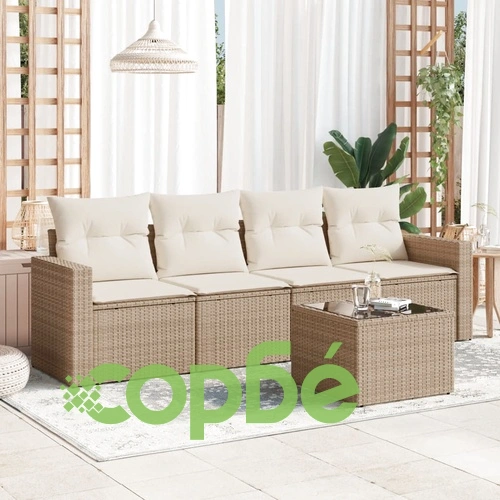 Градински комплект диван с възглавници 5 части бежов полиратан ➤ топ цена ➤ sorbe.bg