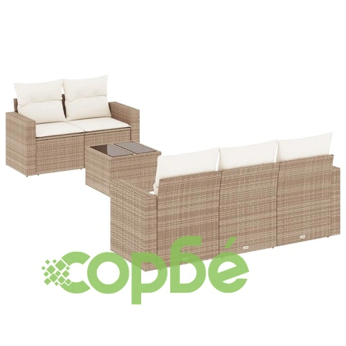 Градински диван с възглавници, 6 части, бежов полиратан ➤ топ цена ➤ sorbe.bg