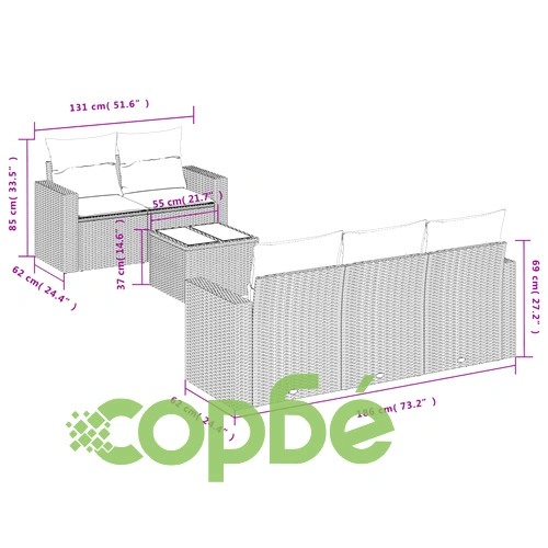 Градински диван с възглавници, 6 части, бежов полиратан ➤ топ цена ➤ sorbe.bg