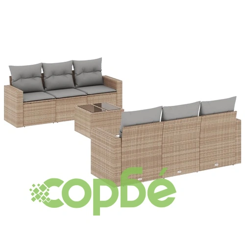 Градински диван с възглавници, 7 части, бежов полиратан ➤ топ цена ➤ sorbe.bg