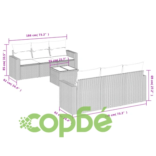 Градински диван с възглавници, 7 части, бежов полиратан ➤ топ цена ➤ sorbe.bg