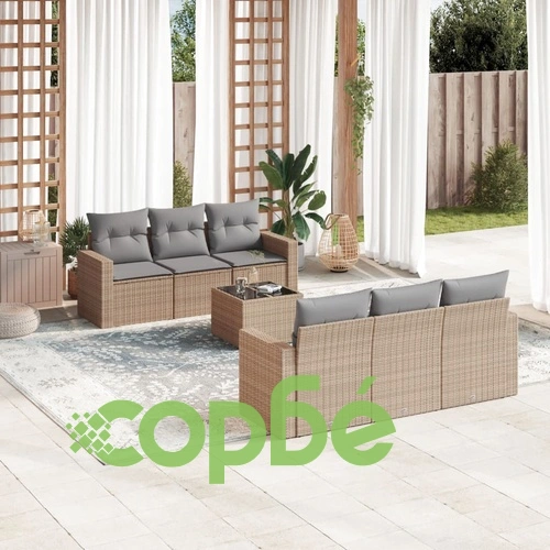 Градински диван с възглавници, 7 части, бежов полиратан ➤ топ цена ➤ sorbe.bg
