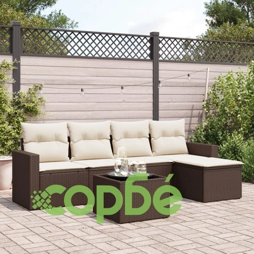 Градински комплект с възглавници, 6 части, кафяв, полиратан ➤ топ цена ➤ sorbe.bg
