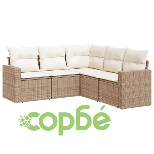 Градински комплект диван с възглавници 5 части бежов полиратан ➤ топ цена ➤ sorbe.bg