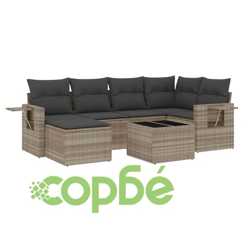 Градински комплект с възглавници, 7 части, светлосив полиратан ➤ топ цена ➤ sorbe.bg