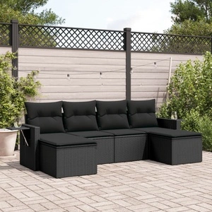 Градински диван с възглавници, 6 части, черен, полиратан