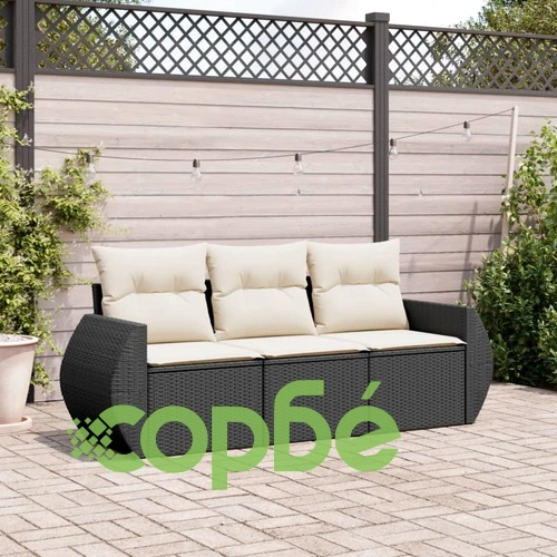 Градински комплект с възглавници, 3 части, черен полиратан ➤ топ цена ➤ sorbe.bg