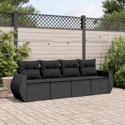 Градински диван от 4 части с възглавници, черен, полиратан