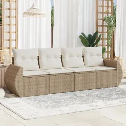 Градински диван с възглавници, 4 части, бежов полиратан