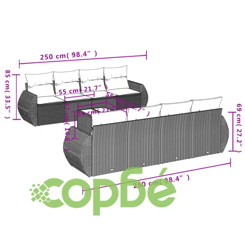 Градински комплект диван с възглавници 9 части сив полиратан ➤ топ цена ➤ sorbe.bg