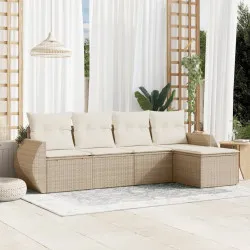 Градински комплект диван с възглавници 5 части бежов полиратан