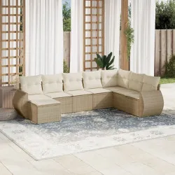 Градински диван с възглавници, 8 части, бежов полиратан