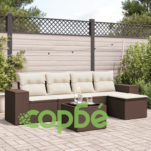 Градински комплект с възглавници, 6 части, кафяв, полиратан ➤ топ цена ➤ sorbe.bg