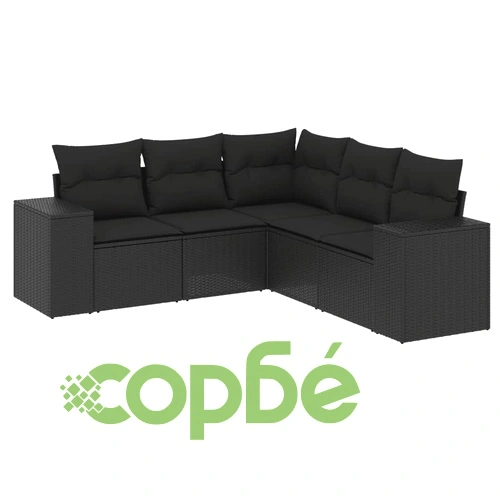Градински комплект с възглавници, 5 части, черен полиратан ➤ топ цена ➤ sorbe.bg