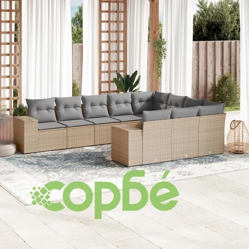 Градински диван с възглавници, 10 части, бежов полиратан ➤ топ цена ➤ sorbe.bg