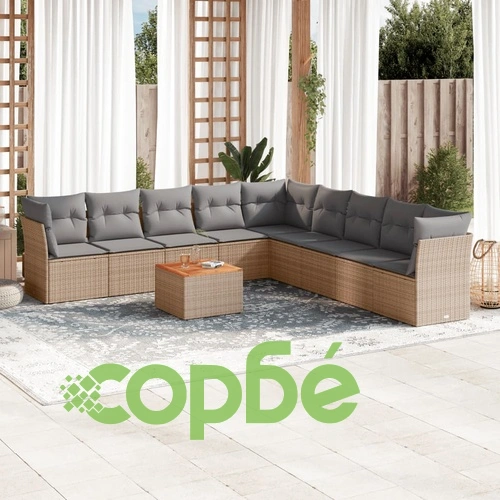 Градински диван с възглавници 10 части бежов микс полиратан ➤ топ цена ➤ sorbe.bg