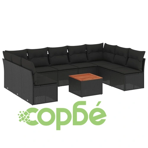 Градински комплект диван с възглавници 10 части черен полиратан ➤ топ цена ➤ sorbe.bg
