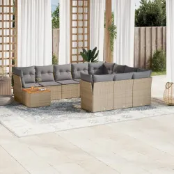 Градински диван с възглавници, 11 части, бежов микс полиратан