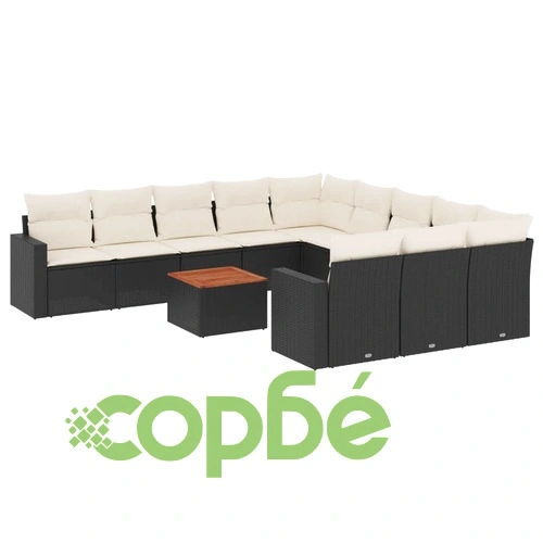 Градински диван с възглавници, 12 части, черен, полиратан ➤ топ цена ➤ sorbe.bg