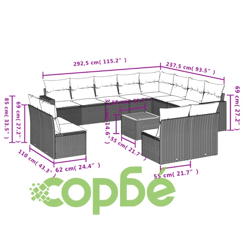 Градински комплект диван с възглавници 13 части сив полиратан ➤ топ цена ➤ sorbe.bg